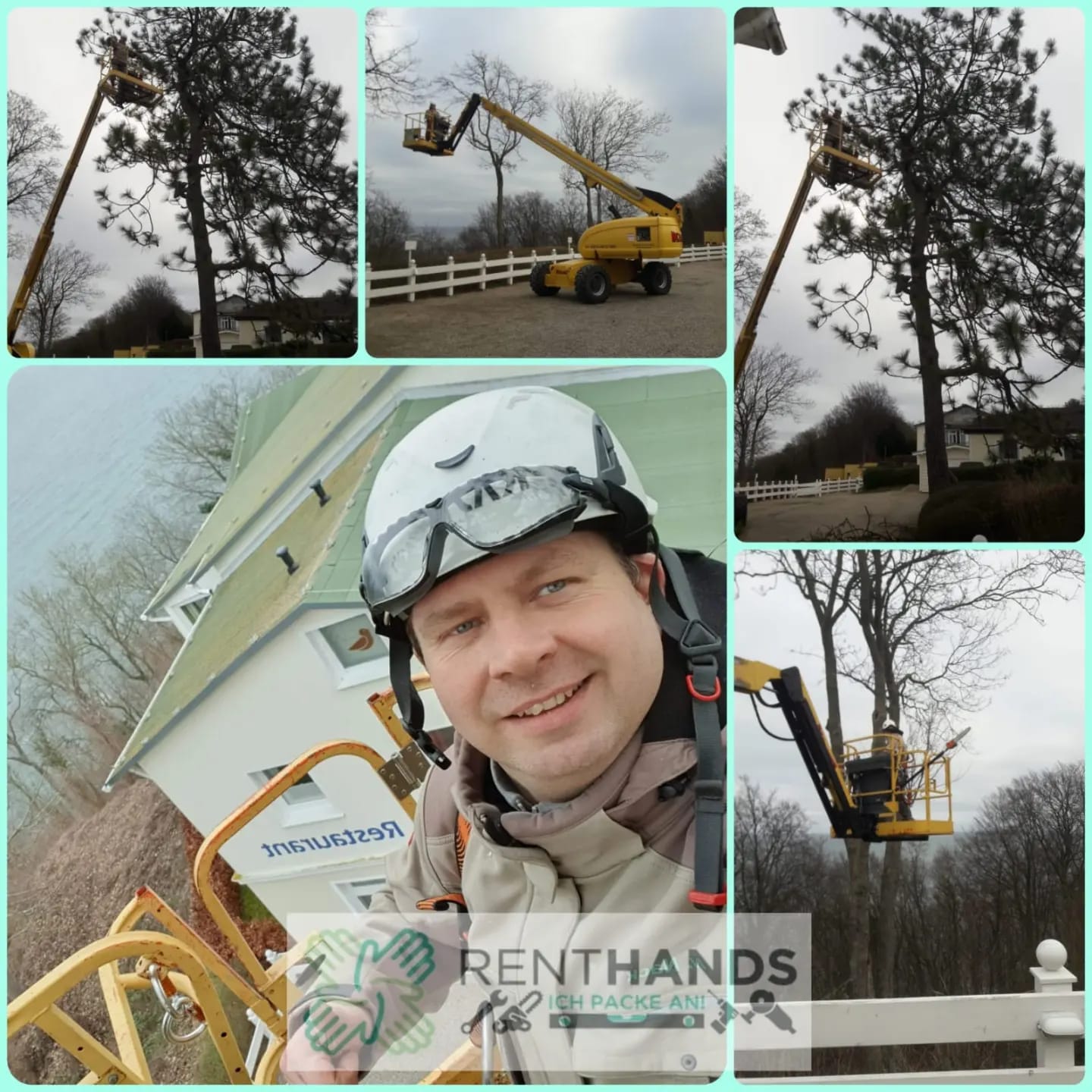 RentHands bei Baumarbeiten mit Hubarbeitsbühne auf Rügen